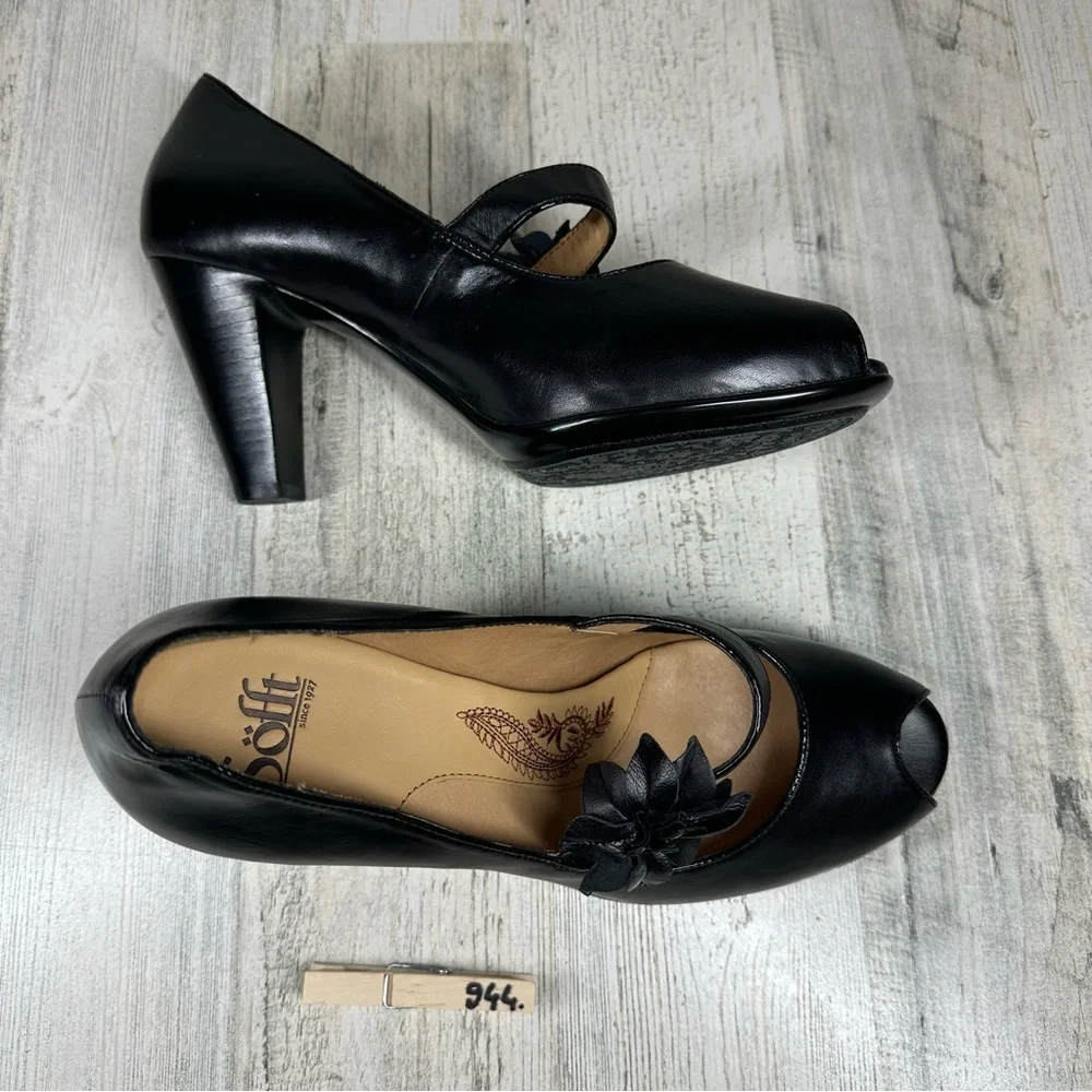 New Sofft Geva Black Leather Peep Toe Stacked Heel Mary Jane